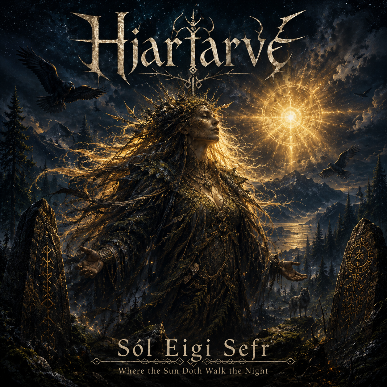 Sól Eigi Sefr (Where the Sun Doth Walk the Night) — Hjartarvé. A branch- and lichen-crowned sun-priestess gazes skyward in the deep northern night, a blazing golden sun breaking beside her, flanked by rune-carved standing stones and circling ravens above a moonlit valley of pines.